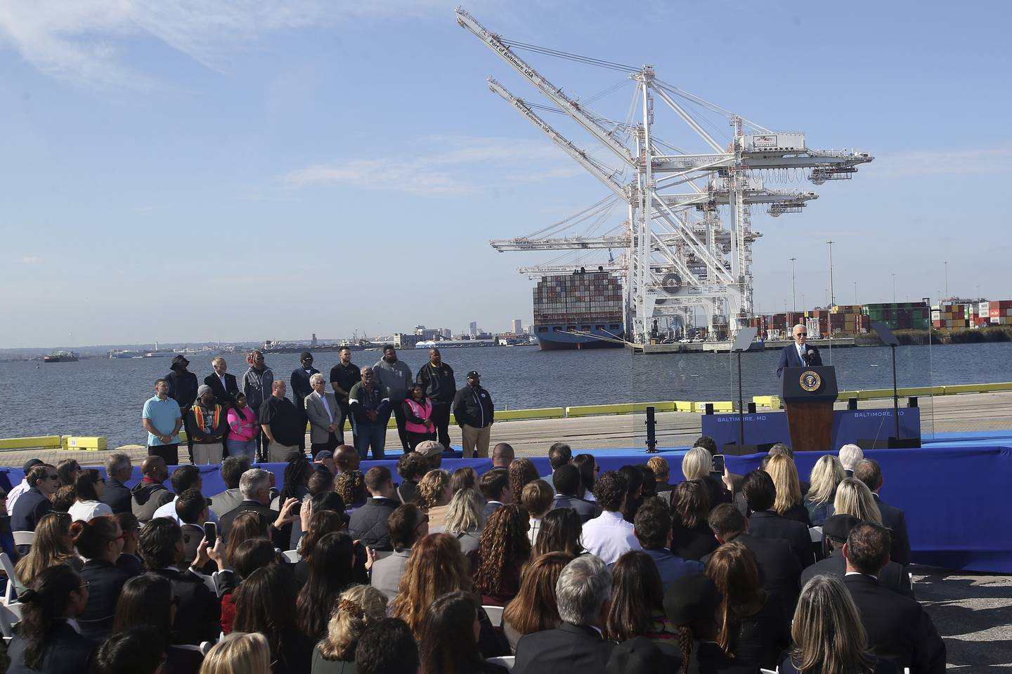 President Joe Biden speaks during an event about his Investing in America agenda at the Dundalk Marine Terminal in Baltimore.