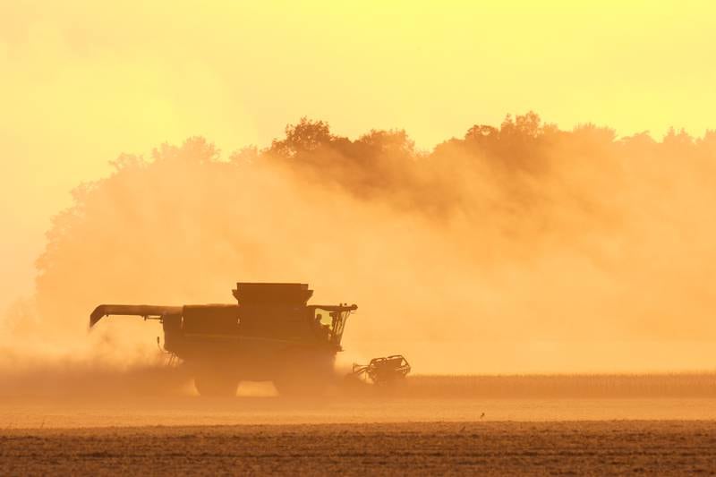 Soybeans are harvested on the fourth-generation Warpup Farm in Warren in northeastern Indiana.