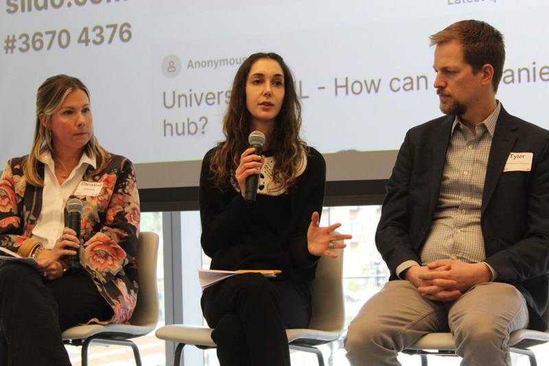 Speakers during the forum, Christina Marion (from left) Ashley Hartman and Tyler Strom talk about how sustainability issues impact food companies, as well as the decisions consumers make when making purchases.