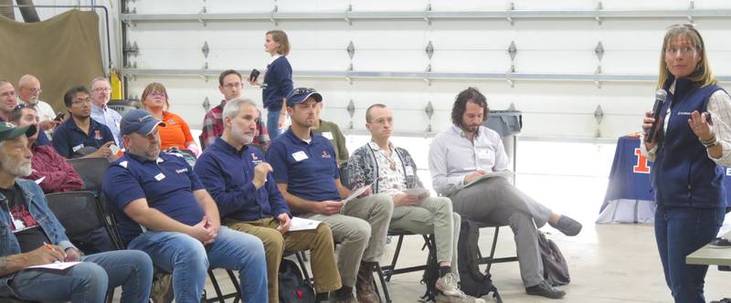 Emily Heaton (right), I-Regen director and University of Illinois crop sciences professor, notes the early successes of Illinois Regenerative Agriculture Initiative as the program takes the next step with new funding commitments. Details of the funding extension and new I-Regen brand were announced Nov. 7 at an IRAI public convening at U of I’s Energy Farm.