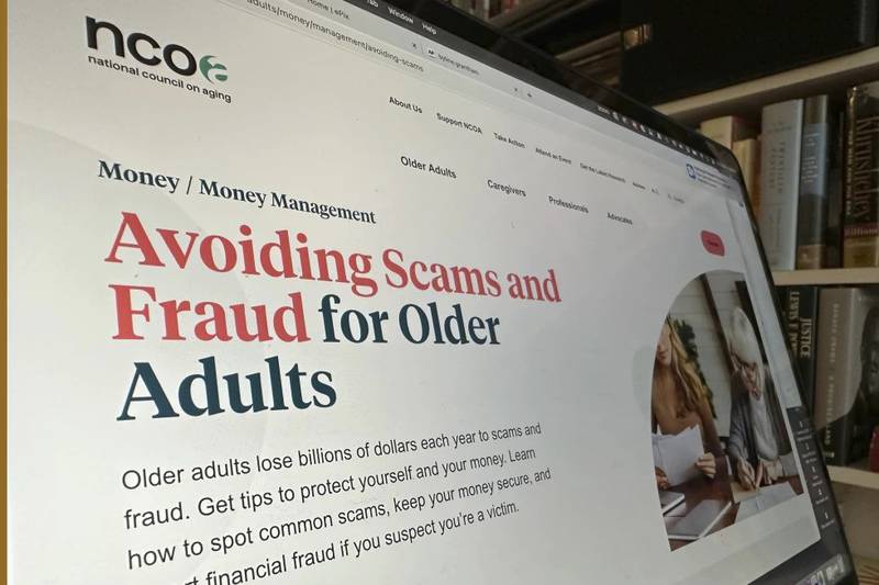 A page from the National Council on Aging website is shown. In 2022, consumers lost $8.8 billion to scammers. And older adults lost the highest amount of money compared to other age groups, according to the Federal Trade Commission.