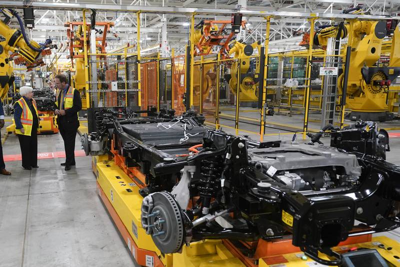 Treasury Secretary Janet L. Yellen tours the Ford Rouge Electric Vehicle Center before speaking about the Biden administration’s economic agenda in Dearborn, Michigan.