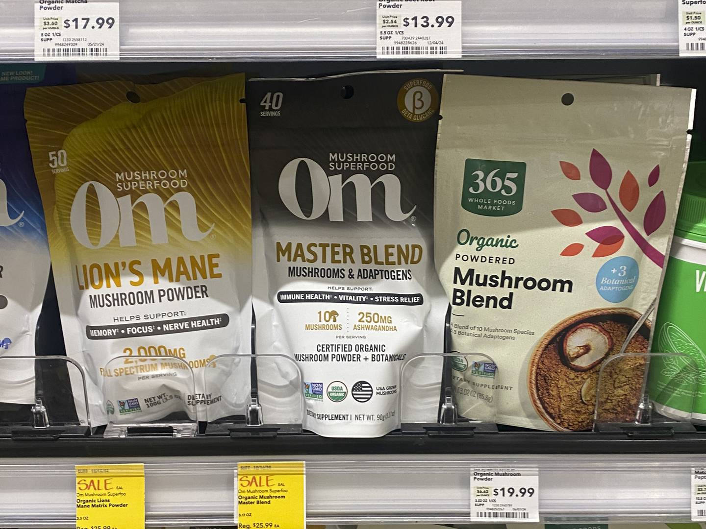 A row of mushroom supplements.