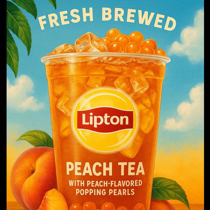 Peach Tea by Twisted Drinks and Food. Fresh brewed Lipton iced tea, flavored with peach boba balls.