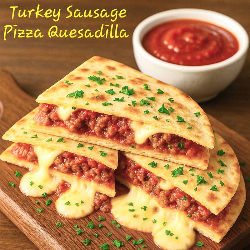 Turkey Sausage Pizza Quesadilla by Gobble Gobble Food Truck. A golden, crispy tortilla stuffed with seasoned ground turkey sausage, pizza sauce, and melty mozzarella cheese. It's the perfect fusion of comfort food and fair flavor.