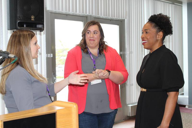Illinois Lieutenant Governor Juliana Stratton (on right) talks with Kelsey Neville (far left) Illinois Agri-Women president and Gayle Baker, chairperson of Women Changing the Face of Agriculture during the event held on the Southern Illinois University campus. Stratton told the students attending WCFA that she is focused on helping agriculture flourish for future generations.