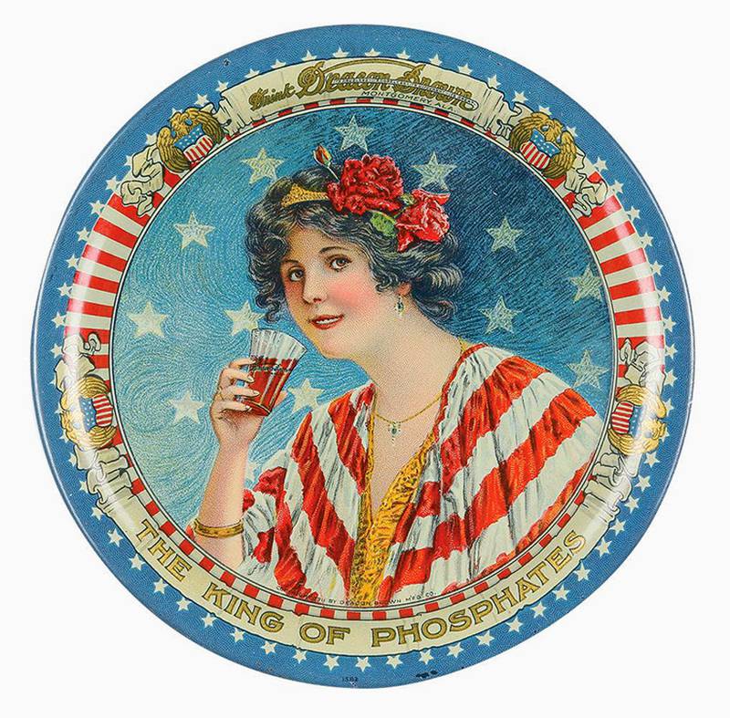 A red, white and blue soda fountain tip tray might be the essence of Americana. It serves as both an advertising collectible and a patriotic decoration.