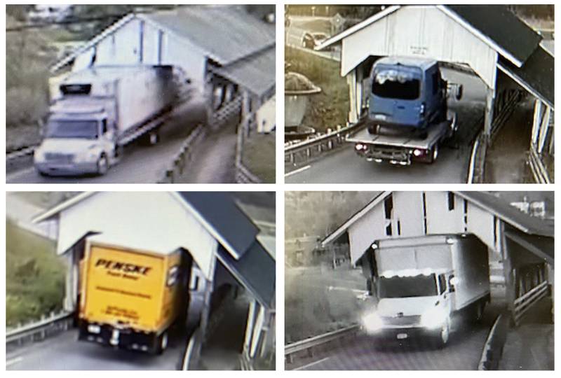 This selection of undated still frames from security video camera footage provided by Michael Grant shows a variety of oversized box trucks crashing through the historic Miller’s Run covered bridge in Lyndon, Vermont. Over the years, truck drivers have failed to notice the height warning signs leading to the bridge.