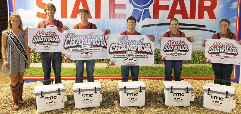 Miss Illinois County Fair Queen Johnna Fulcher joins the top overall finishers in the 25th annual Master Showmanship Contest at the Illinois State Fair. Honorees are Nolan Hoge (from left), fourth; Cole Kinsella, reserve grand champion; Hunter Shike, grand champion; Laikyn Parchert, third; and Carly Powell, fifth.