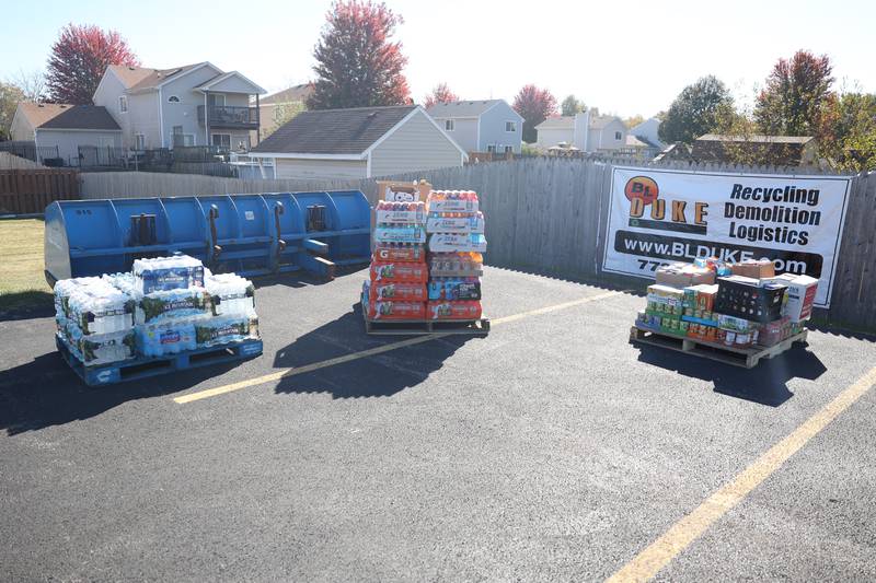 Supplies wait to be loaded into a trailer to be delivered to Bristol Motor Speedway, Tennessee for the victims of Hurricanes Helene and Milton at the City of Joliet and Cadence Cares Foundation relief drive on Saturday, Oct. 19, 2024 in Joliet.