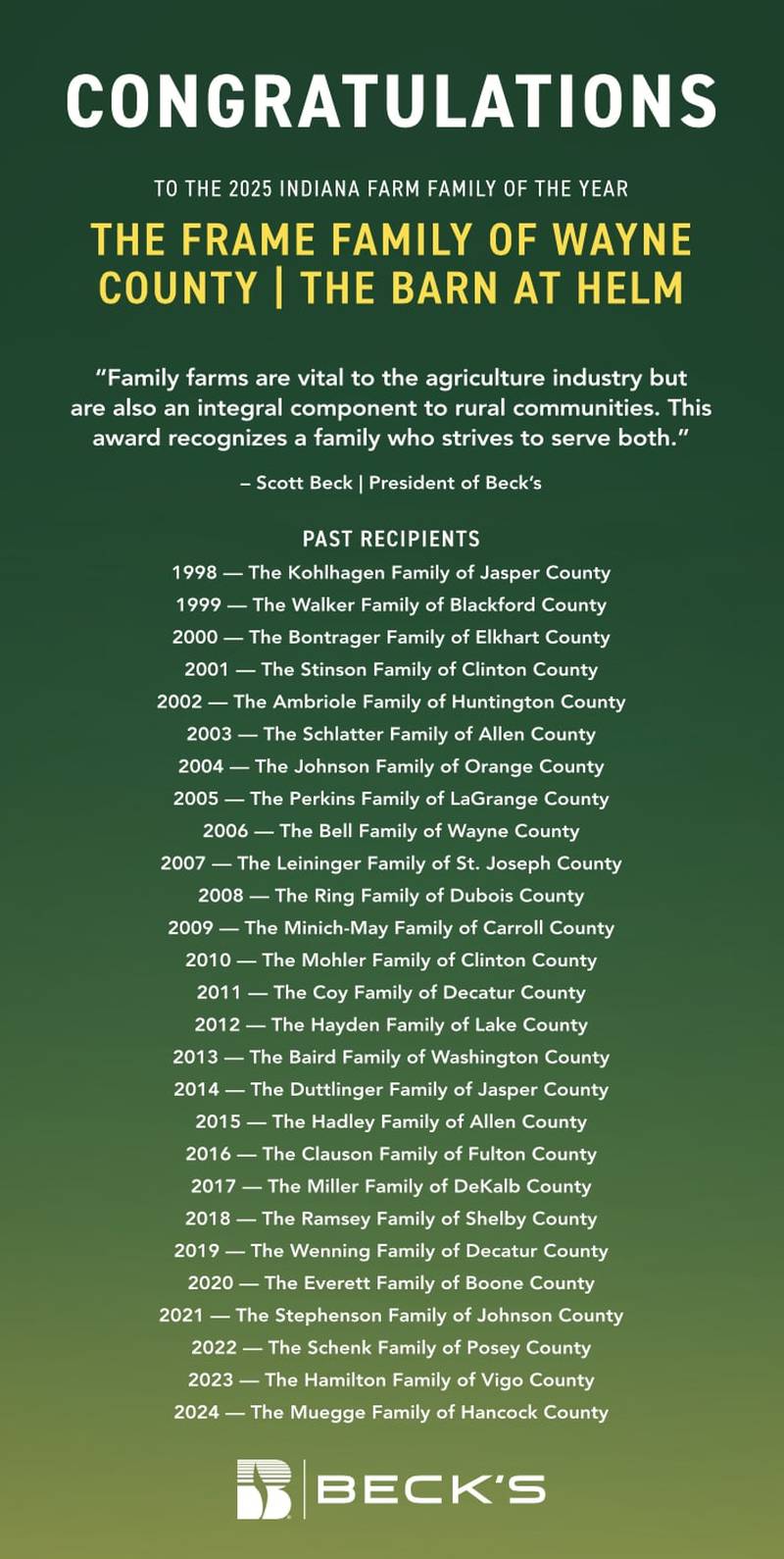 Beck’s and Indiana AgriNews are proud to announce the Frame family of Wayne County have been named the 2025 Indiana Farm Family of the Year.