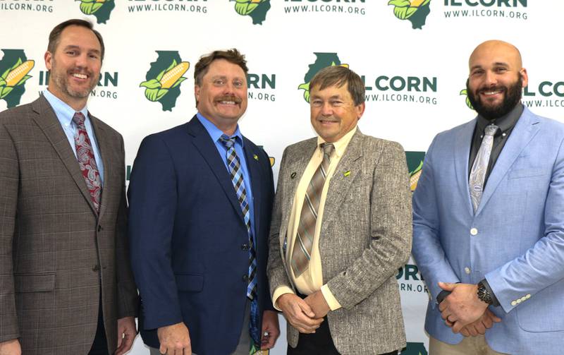 Elected to leadership roles at the Illinois Corn Growers Association’s annual reorganizational meeting were Mike Shane (from left), Peoria, treasurer; Garrett Hawkins, Waterloo, vice president; Dave Rylander, Victoria, president; and Michael Houston, Golden, secretary.