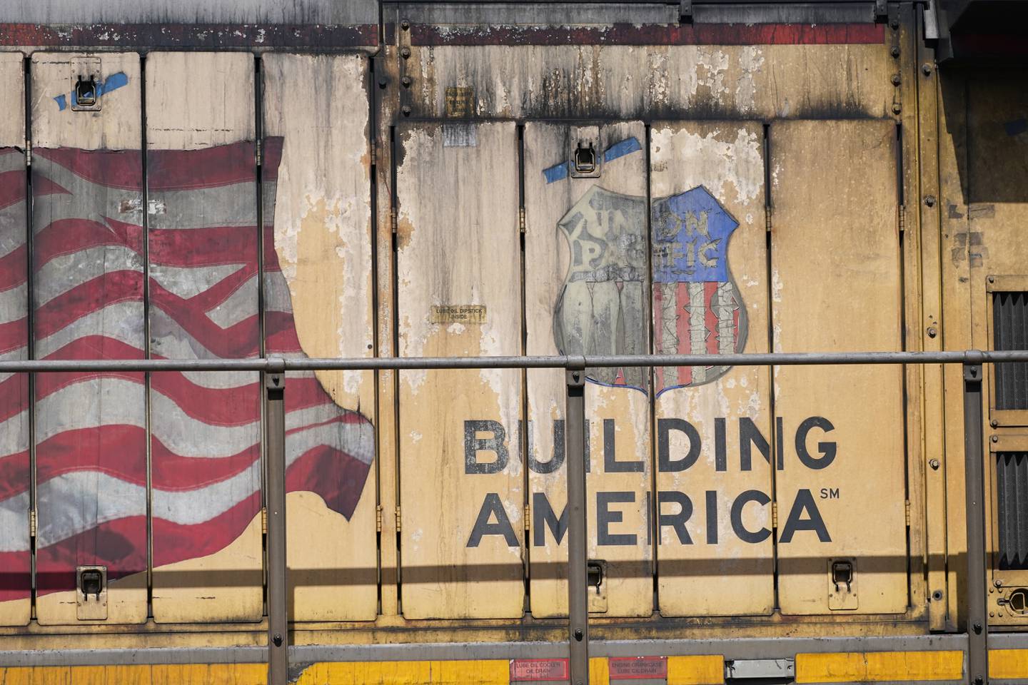 The Union Pacific Railroad logo appears on a locomotive in the terminal rail yard in Jackson, Mississippi.