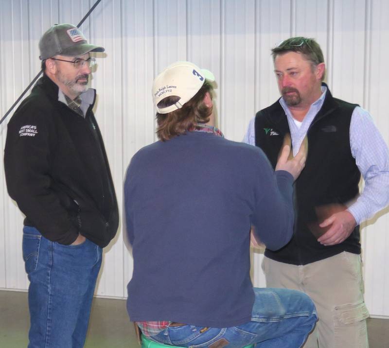 Jason Webster (right), lead agronomist and Precision Technology Institute director, answers questions during a break in a recent Inside PTI event. Webster gave insights into the results of the field trials conducted at the site in 2023 in Pontiac, Illinois.