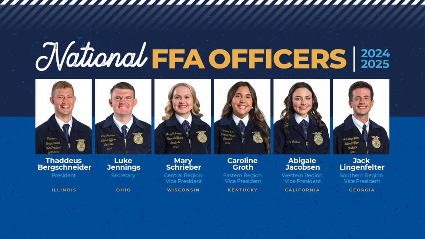 The new National FFA officers are President Thaddeus Bergschneider of Illinois (from left), Secretary Luke Jennings of Ohio, Central Region Vice President Mary Schrieber of Wisconsin, Eastern Region Vice President Caroline Groth of Kentucky, Western Region Vice President Abigale Jacobsen of California and Southern Region Vice President Jack Lingenfelter of Georgia.