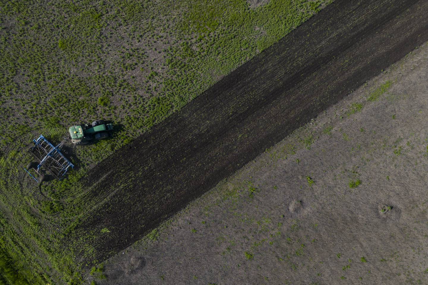 A tractor harvests a field in April 2023 in Potomkyne, Kherson region, Ukraine.