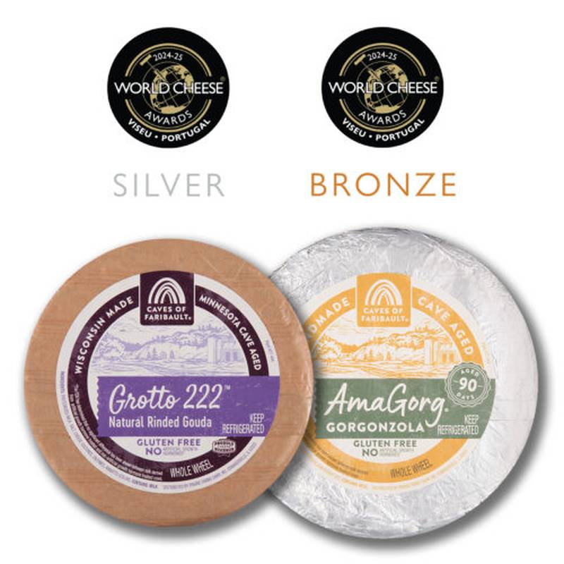 Grotto 222 Natural Rinded Gouda won a silver award and AmaGorg Gorgonzola won a bronze award for the Prairie Farms Caves of Faribault Division at the annual World Cheese Awards competition, held this year in Viseu, Portugal.