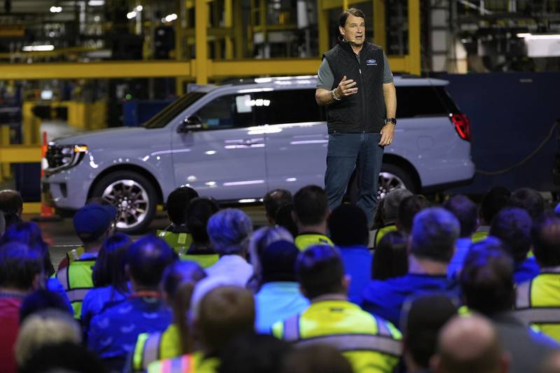 Jim Farley, president and chief executive officer of Ford, speaks April 30 at the Ford Motor Company Kentucky Truck Plant in Louisville to launch the 2025 Ford Expedition.