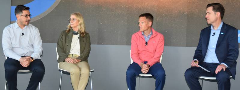 Horacio Lopez-Nicora (from left), assistant professor of soybean pathology and nematology at The Ohio State University; Julia Daum, BASF senior program leader; and Mike McCarville, trait development manager at BASF, answer questions about soybean cyst nematodes asked by Bryan Perry, the U.S. head of seeds and traits for BASF Agricultural Solutions.
