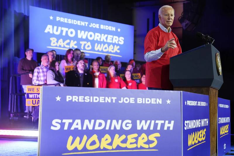President Joe Biden speaks to United Auto Workers at the Community Building Complex of Boone County in Belvidere, Illinois.