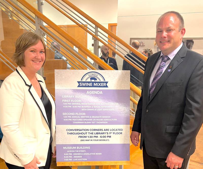 Josh Maschoff turned over the leadership gavel to Katie Brown after her election as Illinois Pork Producers Association president during its annual meeting and Swine Mixer at the Abraham Lincoln Presidential Library and Museum.
