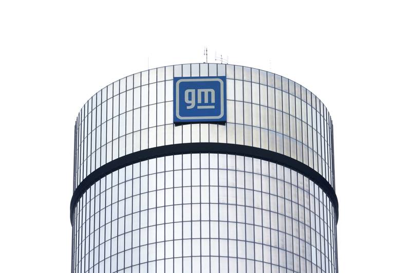 A General Motors logo is seen on a building in Detroit.