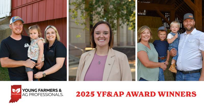Cody and Samantha Otten (from left) of Tippecanoe County, Megan Espinda of Henry County, and Brock and Laura Kiesler of Floyd and Washington counties are the winners of Indiana Farm Bureau’s top awards for Young Farmers & Ag Professionals — the Rising Star, the Excellence in Agriculture and the Achievement awards.