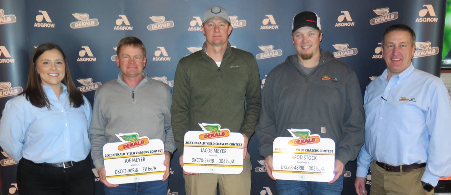 DEKALB South Region: Jennifer Elliott (from left), DEKALB Asgrow field sales representative; Joe Meyer, first place; Jacob Meyer, second place; Jarod Stock, third place; and Chris Kallal, DEKALB Asgrow technical agronomist.