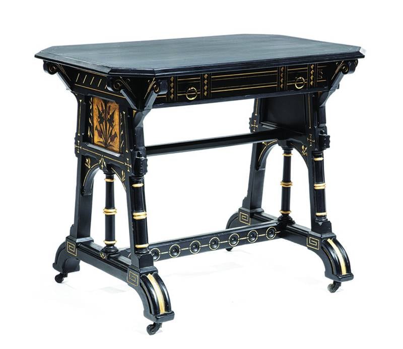 The maker of this decorated table is believed to be Kimbel & Cabus, an important furniture company in the American Aesthetic Movement.