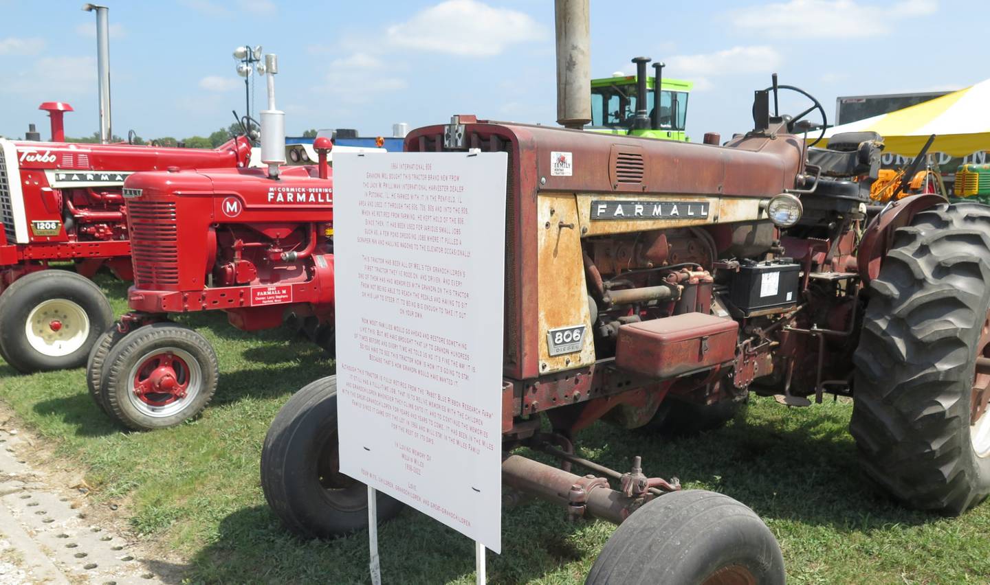 Every tractor has a story and this 1964 Farmall 806 was among the large number on display at the Family Heritage Tractors display during the Half Century of Progress. This display was in memory of Melvin Miles by his wife, children, grandchildren and great-grandchildren. Mel purchased this then-new tractor from the Jack W. Prilliman International Harvester deal in Potomac, Illinois. He farmed near Penfield, Illinois. This is the first tractor all 10 of Mel’s grandchildren rode on and drove.