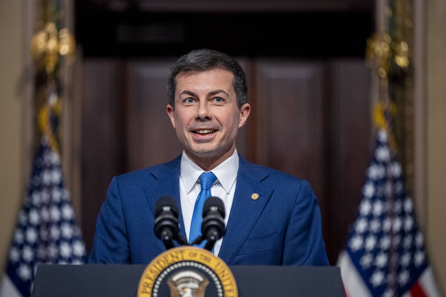 Transportation Secretary Pete Buttigieg speaks about supply chain issues in the Indian Treaty Room on the White House complex in Washington.