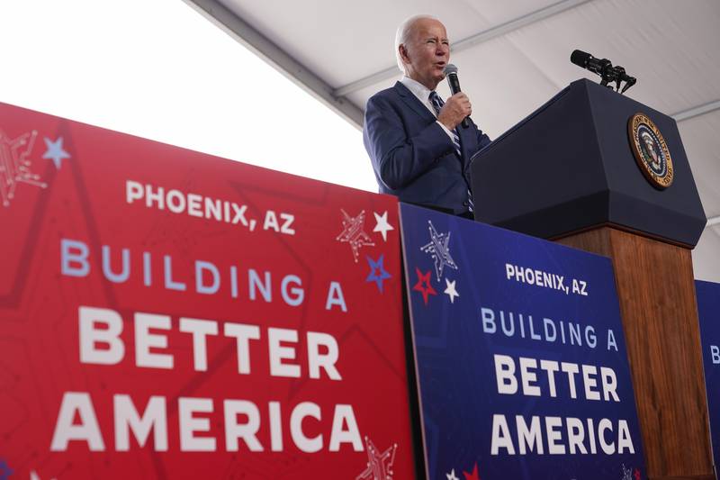 President Joe Biden speaks about his economic agenda after touring the building site for a new computer chip plant for Taiwan Semiconductor Manufacturing Company in Phoenix. In early April, Taiwan’s TSMC, the world’s biggest computer chip maker, announced it would expand its U.S. investments to $65 billion after the Biden administration pledged up to $6.6 billion in incentives that would put Arizona on track to produce about one fifth of the world’s most advanced chips by 2030.