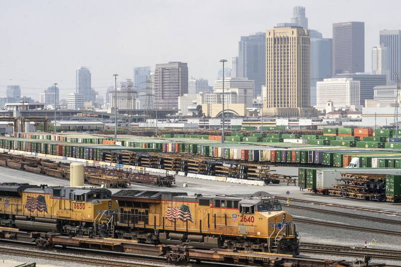 The Los Angeles skyline is seen above the Union Pacific LATC Intermodal Terminal.