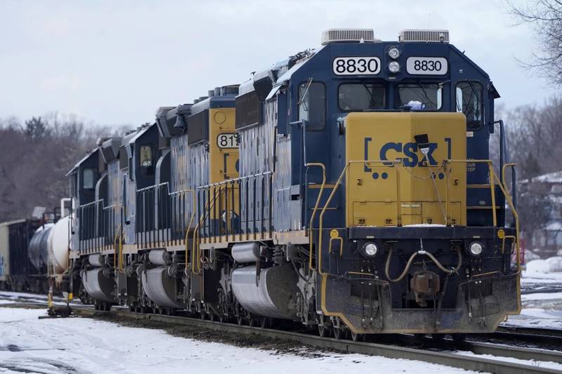 CSX locomotives rest together on tracks at CSX North Framingham Yard in Framingham, Massachusetts.