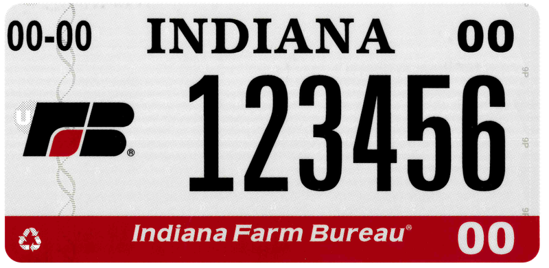 An example of what the Indiana Farm Bureau license plate looks like. The Indiana Bureau of Motor Vehicles states there must be a minimum of 500 plates on the road at any given time to keep the plate active.