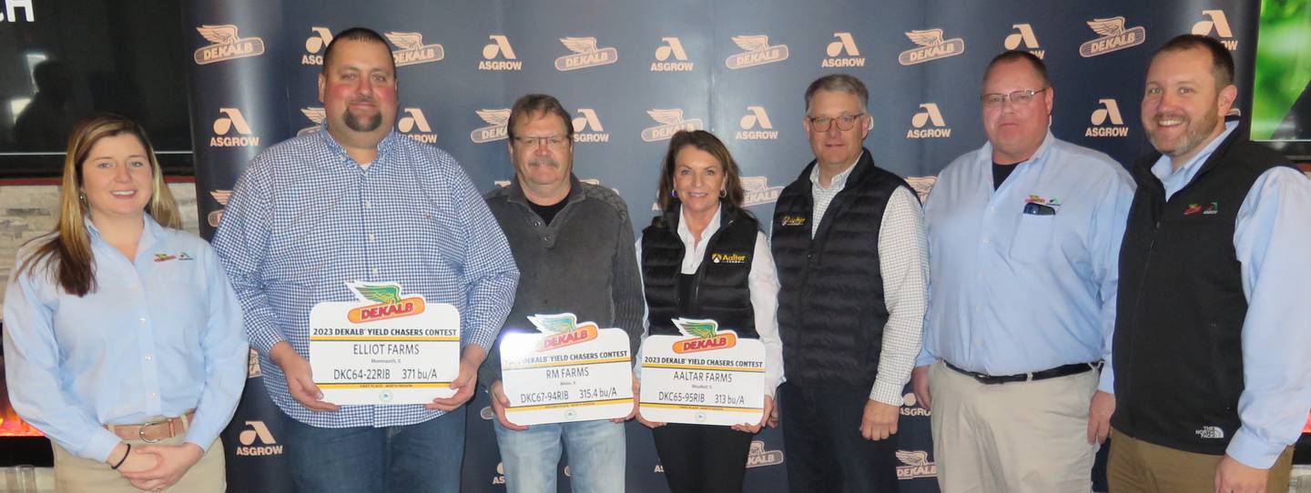 DeKalb North Region: Marie Rumbold (from left), DEKALB Asgrow field sales representative; Aaron Guerrettaz, first place; Randy Rogers, second place; Melanie DeSutter and Mike DeSutter, third place; Lance Tarochione, DEKALB Asgrow technical agronomist; and Chris Bachman, DEKALB Asgrow field sales representative.