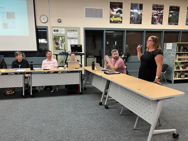 Kara Poynter presents to the Sycamore Community School District’s Board of Educators meeting.