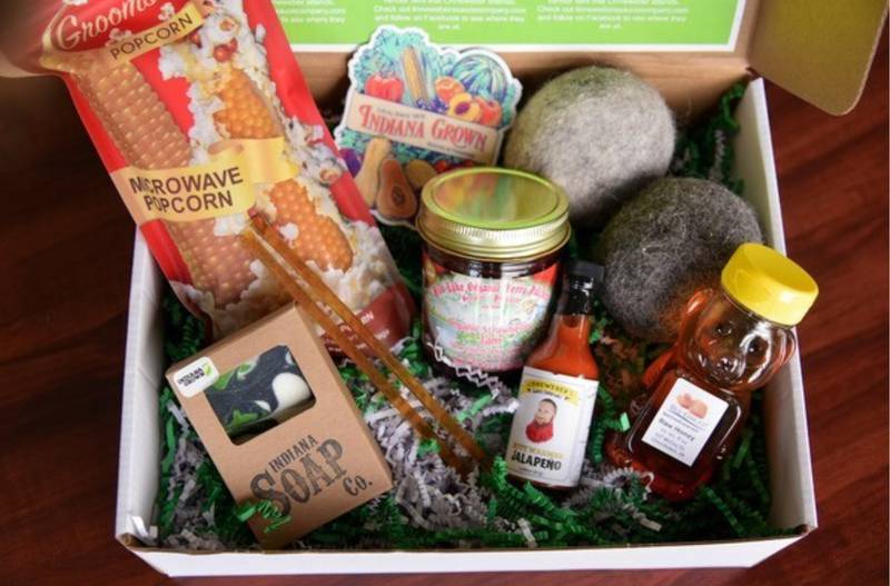 An example of an Indiana Grown holiday gift box. Indiana Grown is a statewide initiative housed within the Indiana State Department of Agriculture to highlight local products and artisan goods.