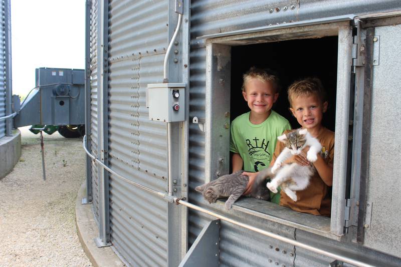 Wilson and Roy Henert check out the inside of the empty grain bin on their family’s farm near Ashton, Illinois, while playing with their cats. The family is working to complete annual maintenance on the grain handling system with harvest quickly approaching.