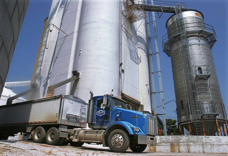 Farmers begin moving leftover grain around in preparation for the corn and soybean harvest near Pleasant Plains, Illinois.