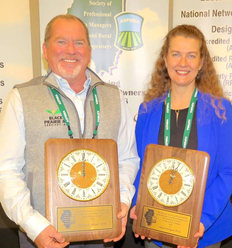 Thomas Wargel was inducted into the Illinois Society of Professional Farm Managers and Rural Appraisers Hall of Fame, and Maria Boerngen was recipient of the Service to Illinois Agriculture Award at the organization's annual meeting Feb. 5.
