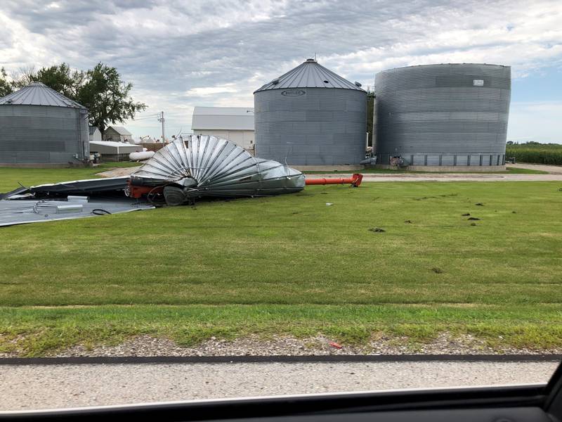 A grain bin damaged by a derecho.
