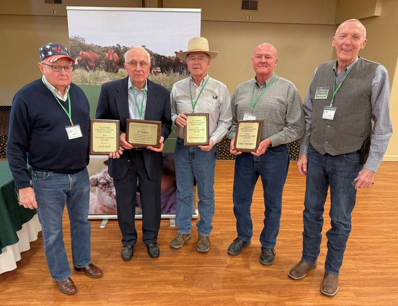 The Illinois Grazing Lands Coalition announced its 2025 award recipients during the recent conference in Springfield. Honorees were Tom Saxe (from left), Ed Ballard, Ron Freeman and Greg Thoren. Trevor Toland (right), ILGLC vice president, presented the awards.