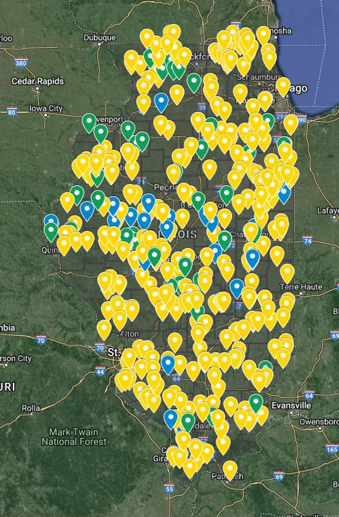 The 453 locations across Illinois of soil samples taken as long as 120 years ago that researchers are hoping to resample.