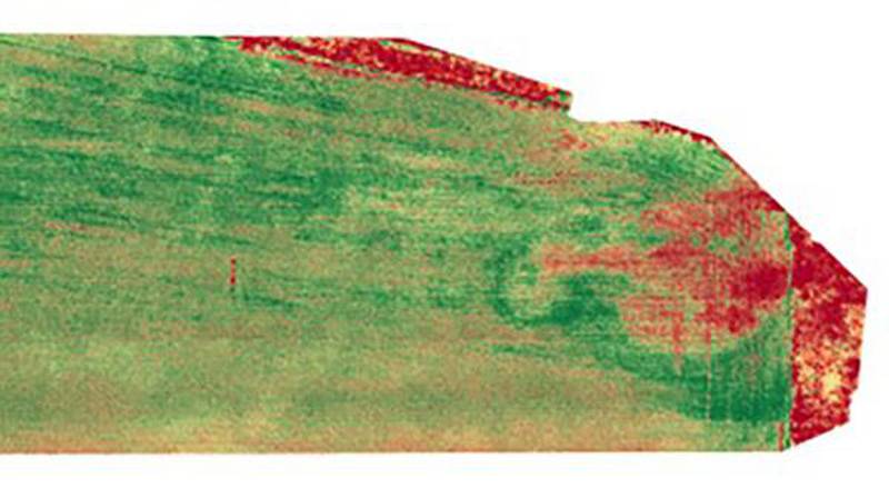 University of Illinois Extension educator Kevin Brooks used a MAVIC 3M drone using near infrared imaging to map this local  field which indicates herbicide damage on the right side of the image. Drones can be used to assist farmers with crop conditions throughout the growing season.