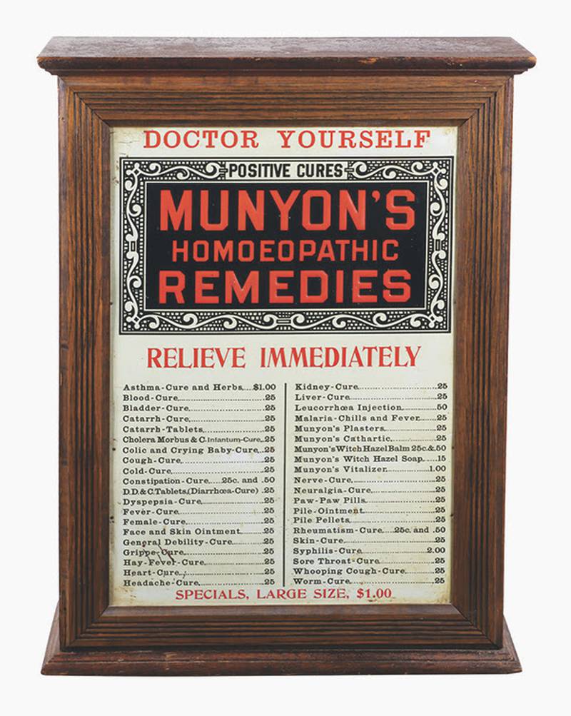 Munyon’s Homeopathic Cures may not have been effective medicine, but the cabinets are desirable collectibles. This one sold at auction for more than $1,000.