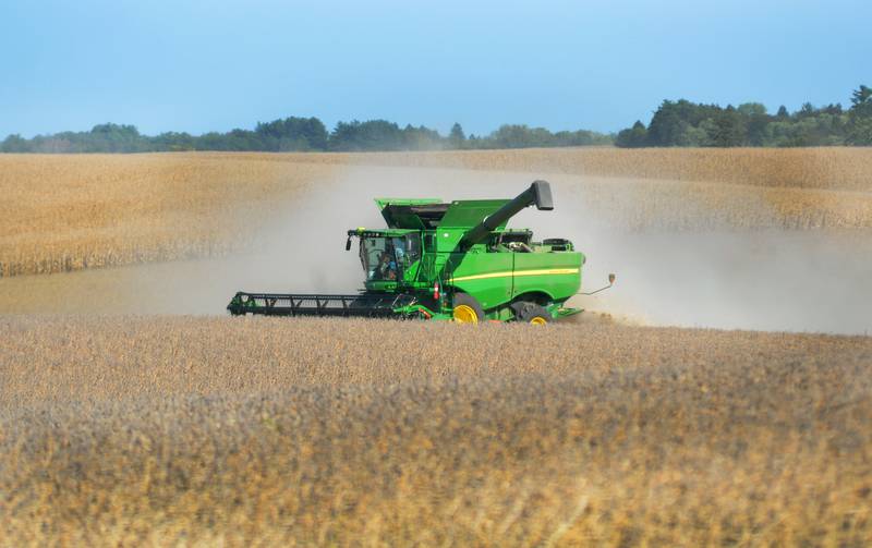 A farmer picks soybeans in a field north of Forreston on Saturday, Sept. 27, 2025.