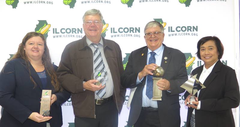 Among those honored by the Illinois Corn Growers Association at its annual meeting were Laura Lant (from left), Mike Plumer Environmental Excellence Award; Tom Doran, Excellence in Media Award;  Mark Schneidewind, World of Corn Award; and Angela Tin, Ethanol Award.