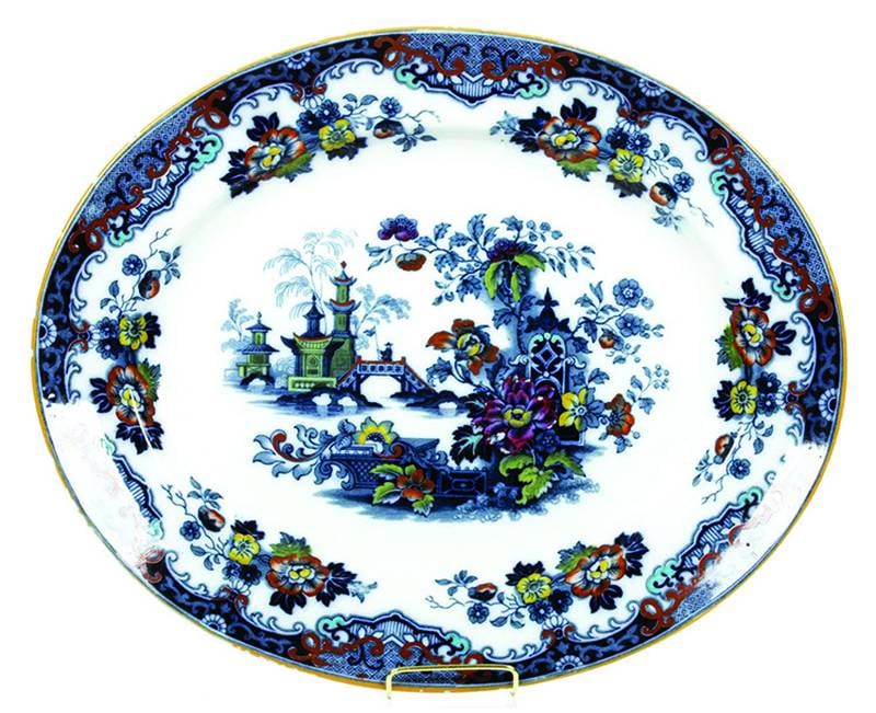 Printed Staffordshire pottery goes beyond blue transfers. This oval platter by Albion Pottery has colorful decorations reminiscent of Chinese porcelain.