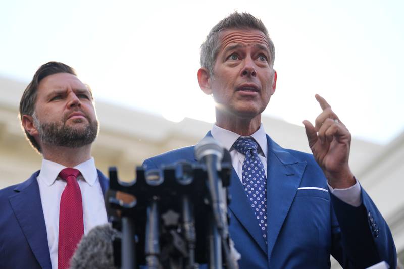Transportation Secretary Sean Duffy speaks alongside Vice President JD Vance about the impact of the government shutdown on the aviation industry, outside of the West Wing of the White House.